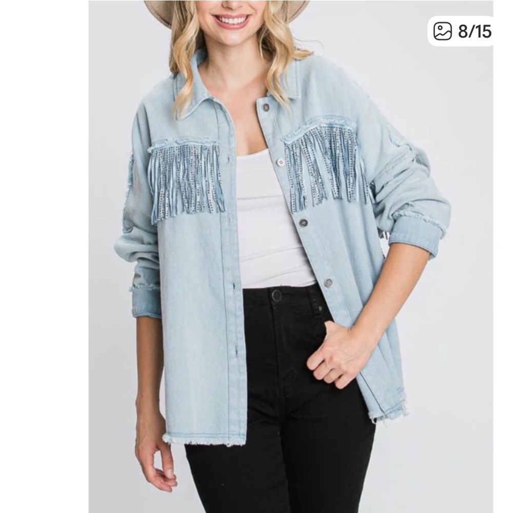 Zara Light Blue Denim Jacket with Fringe
